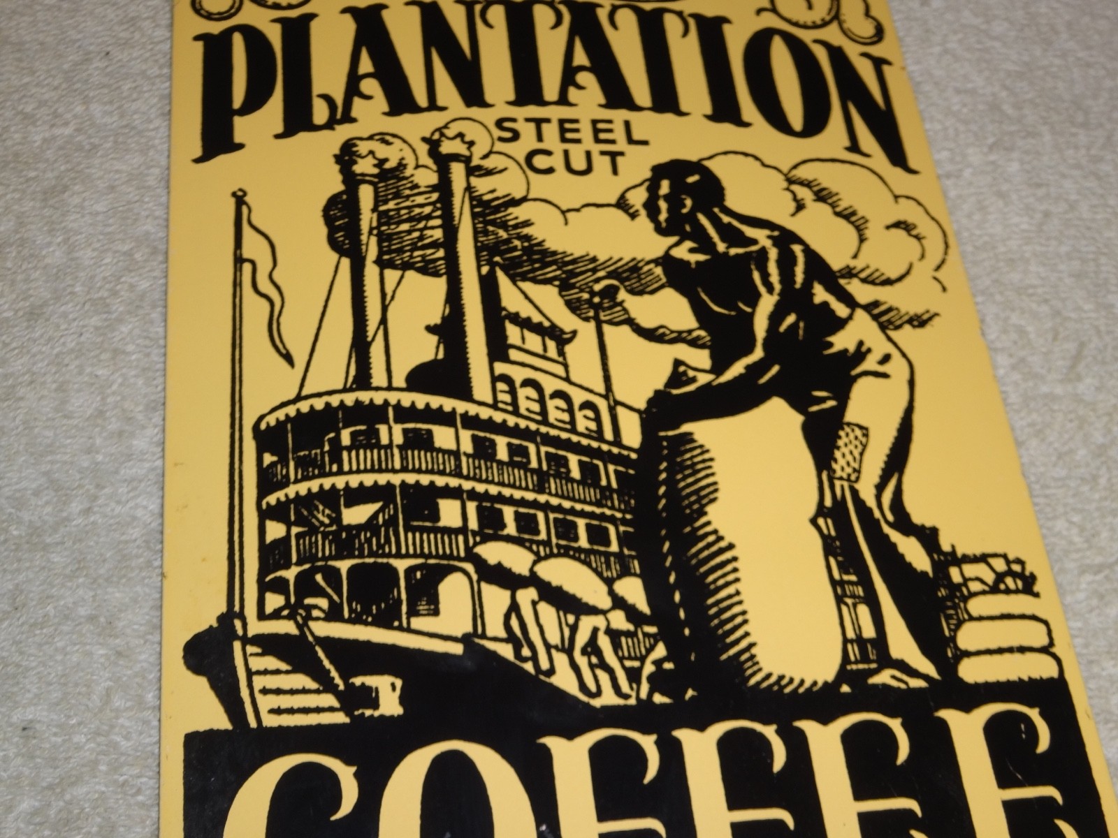 VINTAGE OLD PLANTATION COFFEE W/ PADDLE BOAT 10.5" PORCELAIN METAL GASOLINE SIGN