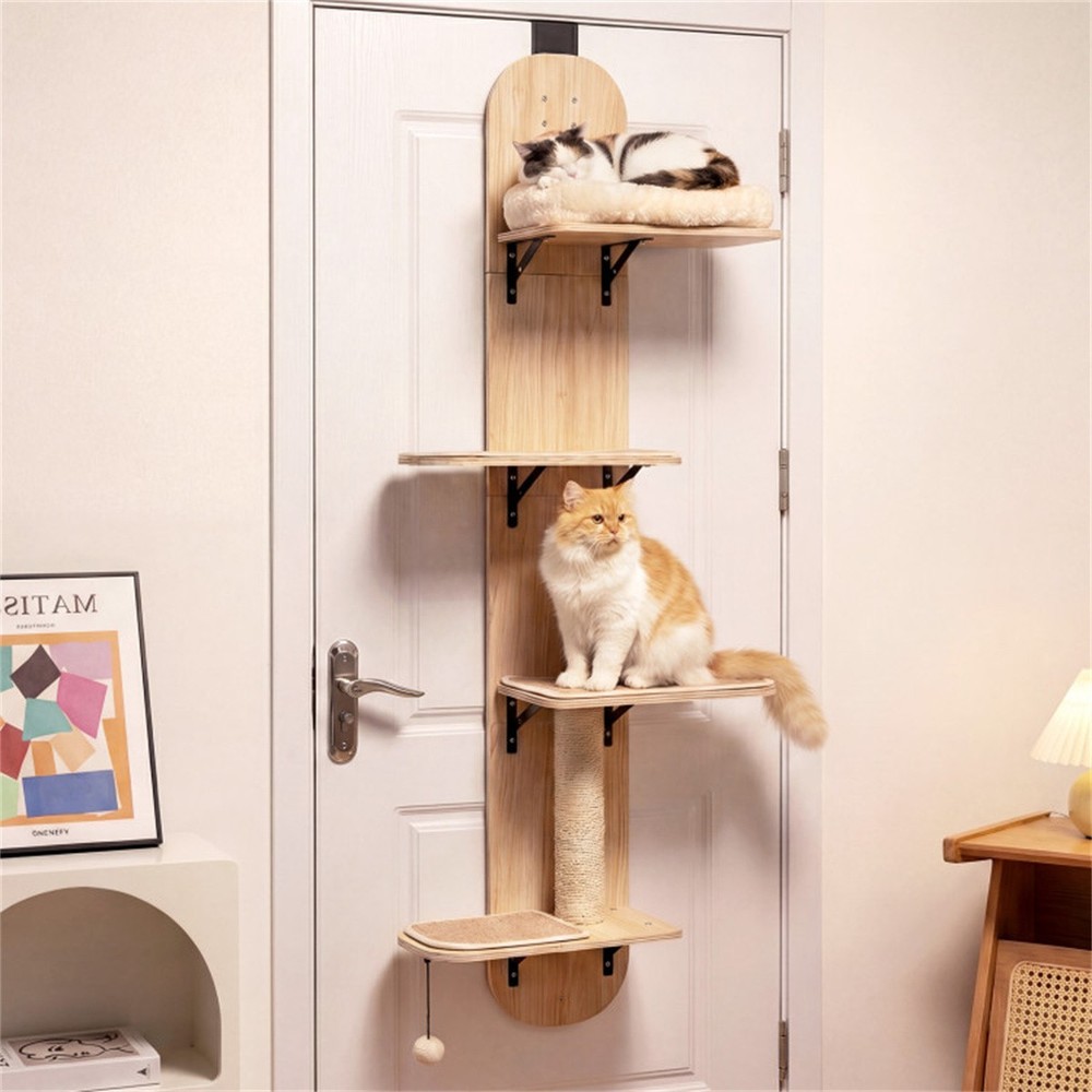 Door Hanging Cat Tree 5-Level Adjustable 4-Tier Tower No-Drill Beige