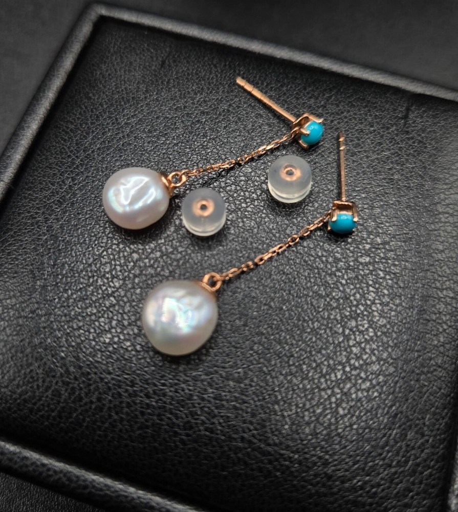14k Gold Pearl & Turquoise Dangle Earrings