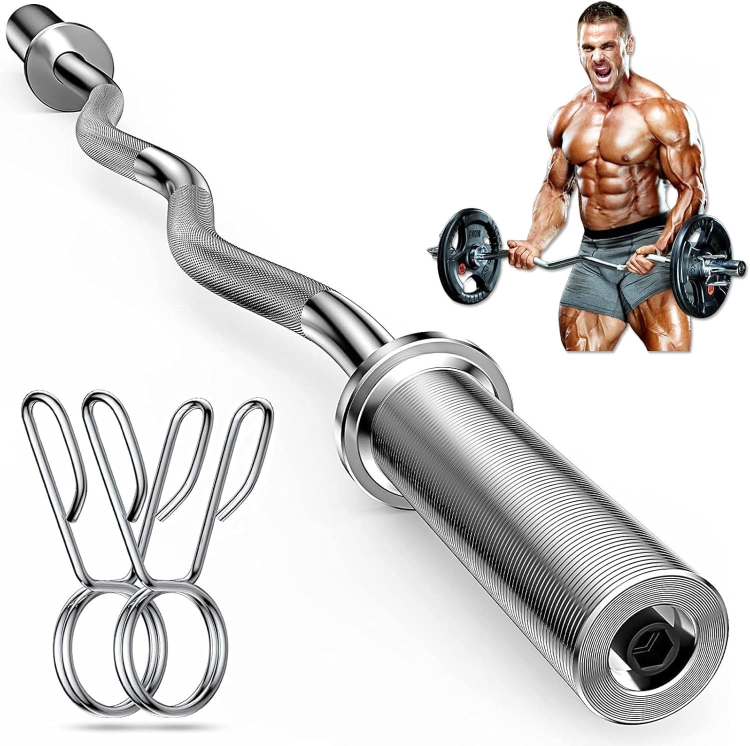 Barbell Curl Bar for Squat, Weight Lifting, Bicep Curl, 47" Olympic EZ Curl Bar