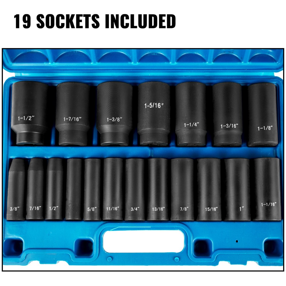 19 Pcs Impact Socket Set 1/2" Drive Deep 6-Point Sockets CR-V Storage Case