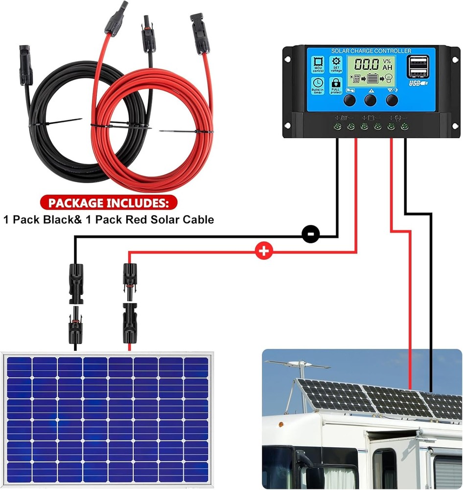 2x50 Feet Solar Panel Extension Cable- 10AWG Solar Cable Solar Panel Cable with