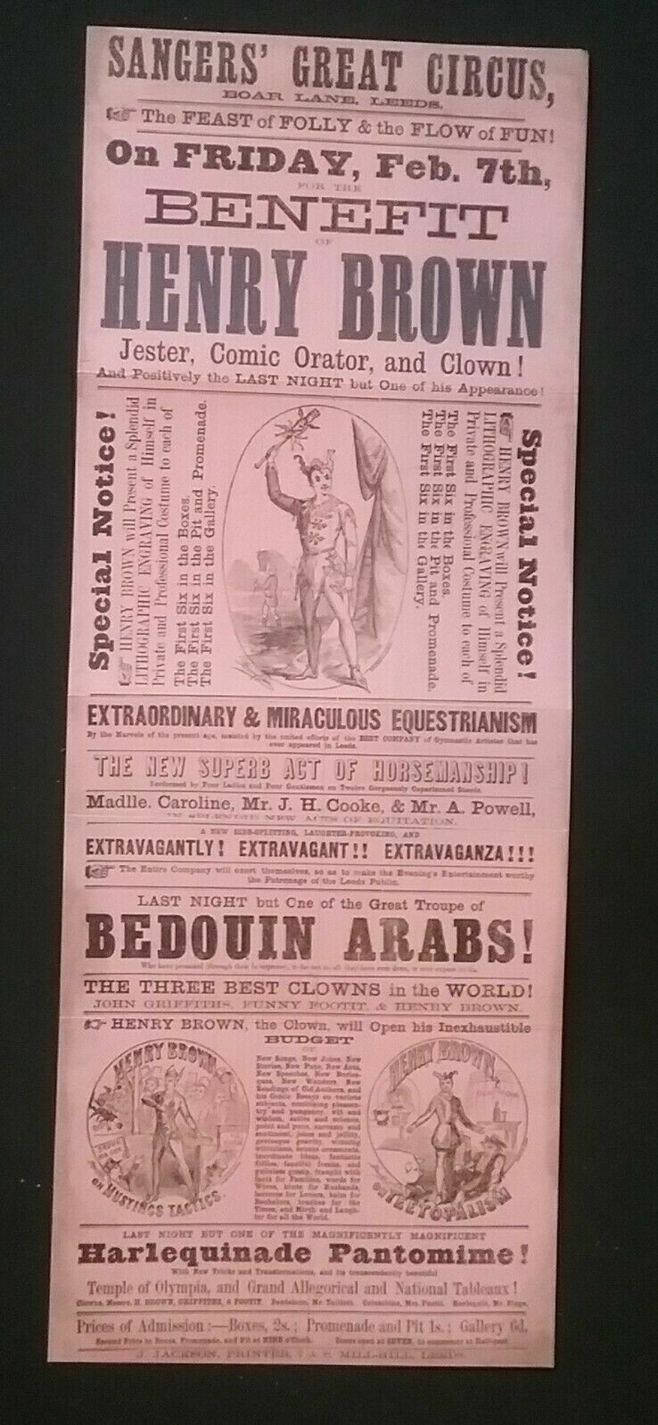 VICTORIAN POSTER , SANGERS GREAT CIRCUS, BOAR LANE , LEEDS , *Reproduction*