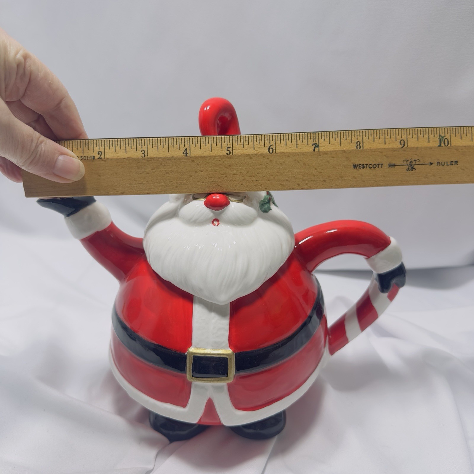Omnibus OCI Painted Mr. Santa Claus Ceramic Teapot Christmas Tea Pot Candy Cane