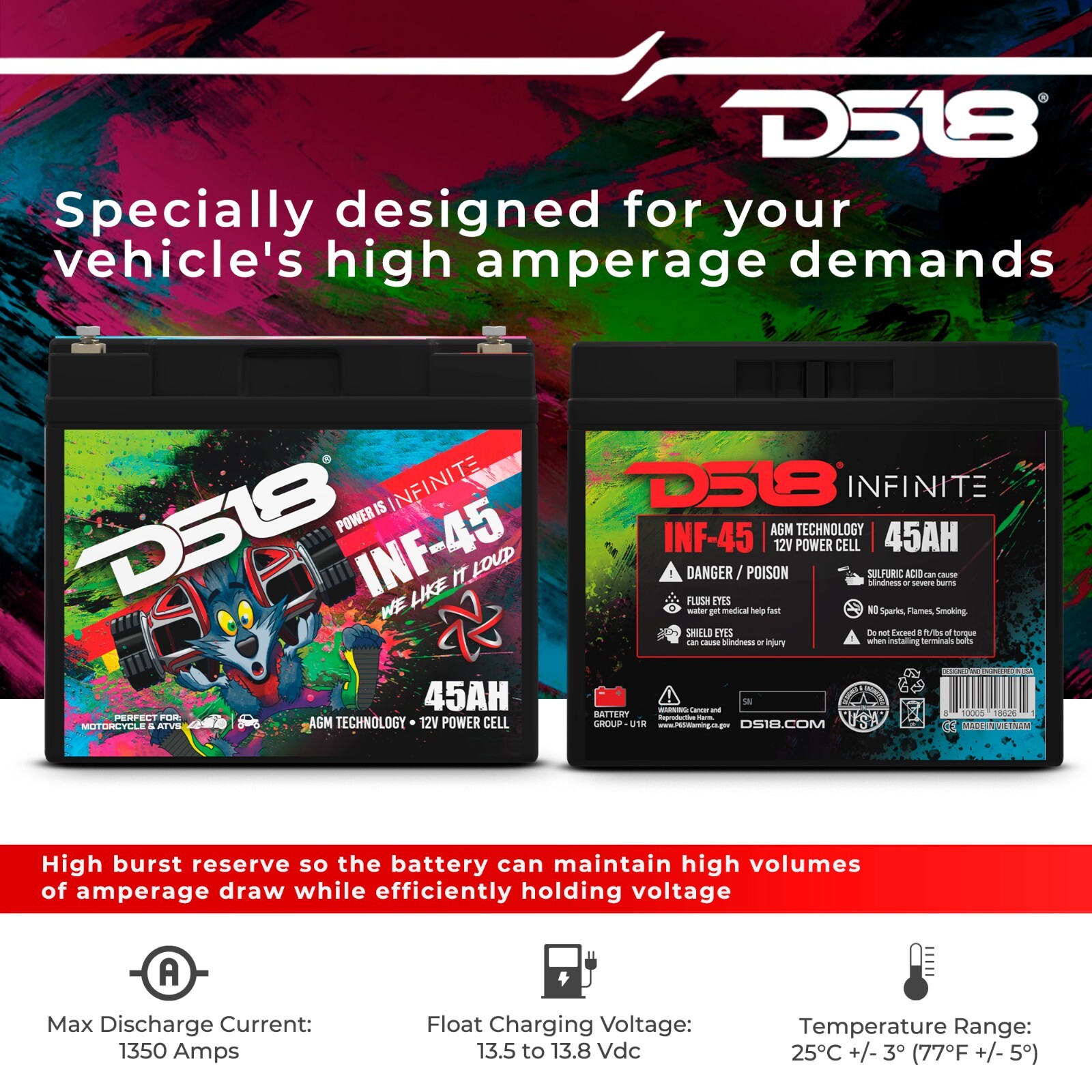 DS18 INF-45AH INFINITE 45 AH 1500 Watts AGM Power Cell 12 Volt Battery