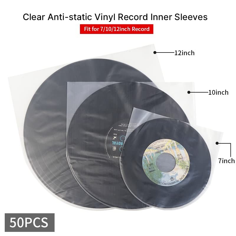 7 Inches Vinyl Record Inner Sleeves, 50PCS Anti-Static Plastic Round Bottom E...