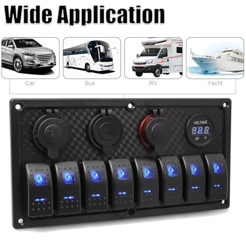 8 Gang Rocker Switch Panel with PD Type-C & USB Charger, Voltmeter, SPST