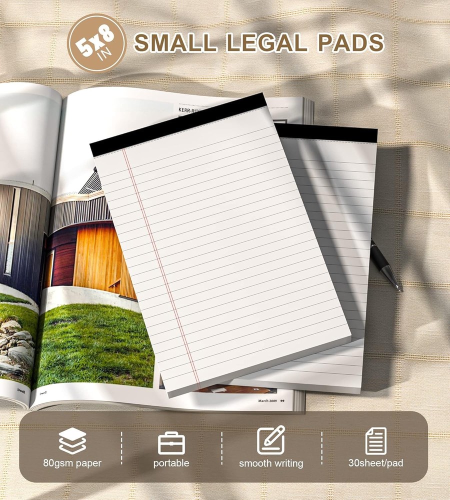Note Pads 5x8 Small Legal White Notepad, 6 Pack, Narrow In,