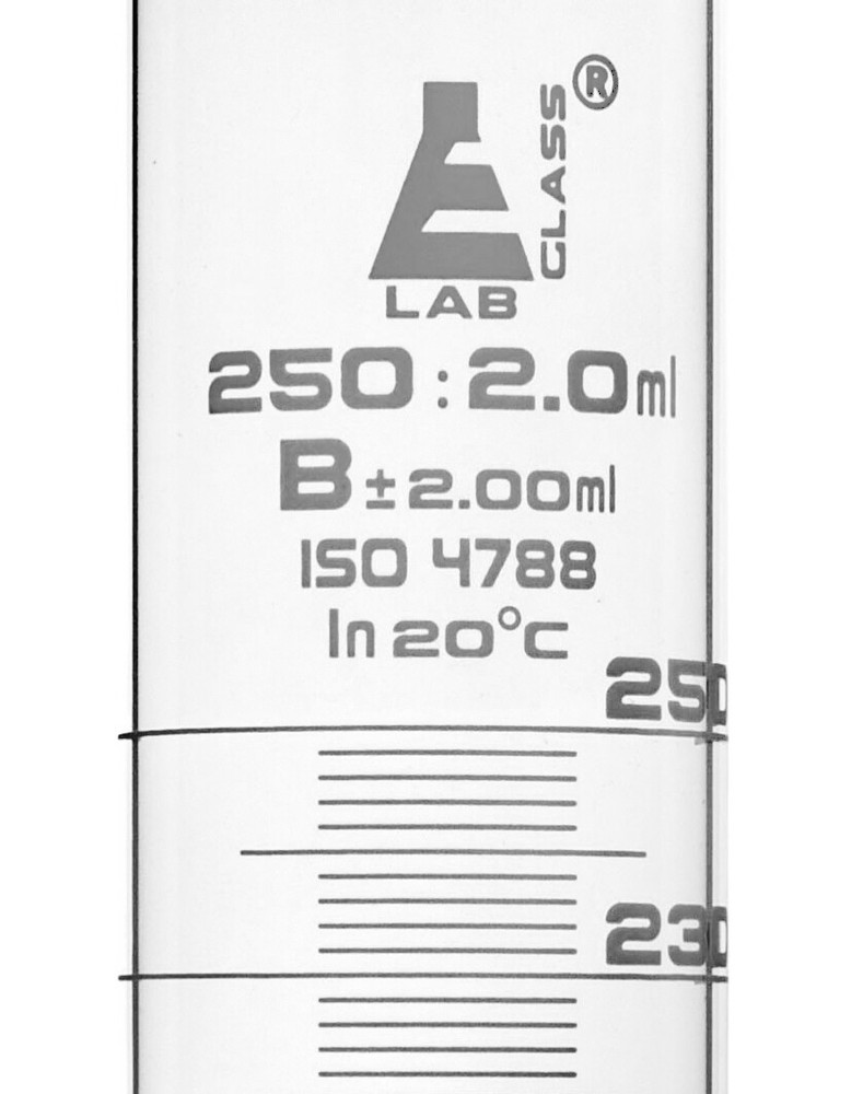Eisco Labs 250ml Graduated Cylinder, Class B, White Graduations, Hexagonal Base