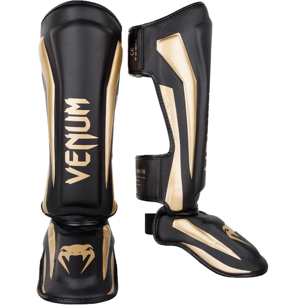 Venum Elite Lightweight Hook and Loop Shin Guards - Black/Gold