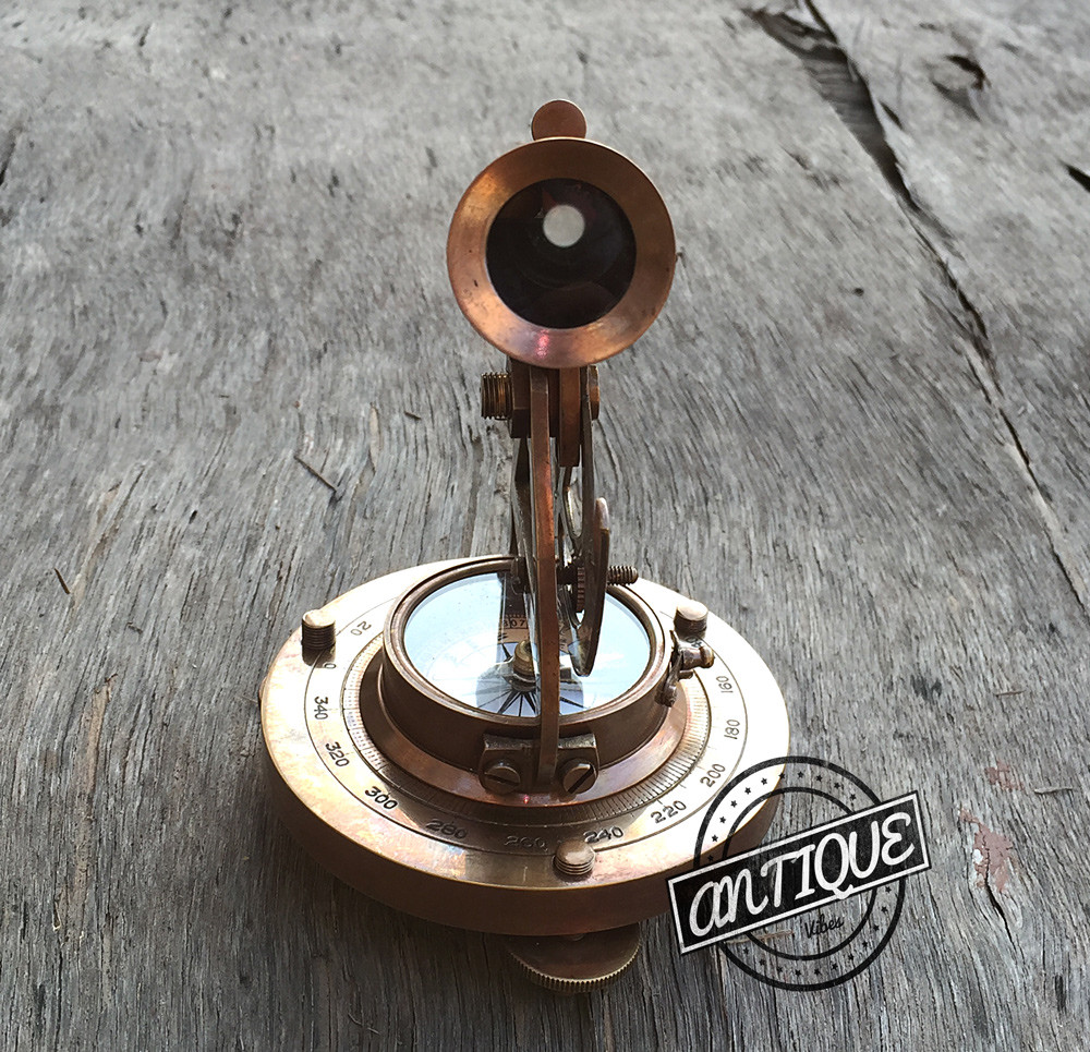 Vintage Solid Brass Theodolite Survey Alidade & Telescope Compass Instrumen