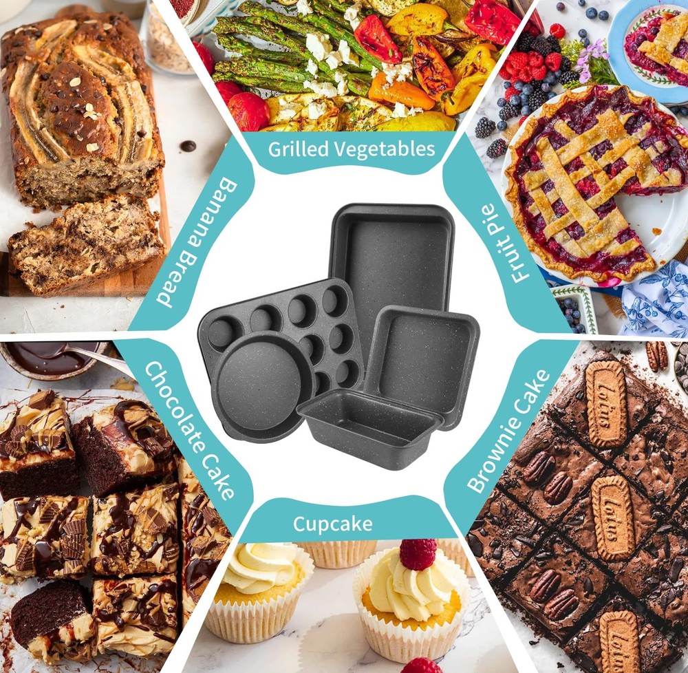 Baking Pans Set, 5 Piece Grey Marble Nonstick Bakeware with 100 Cupcake Liner...