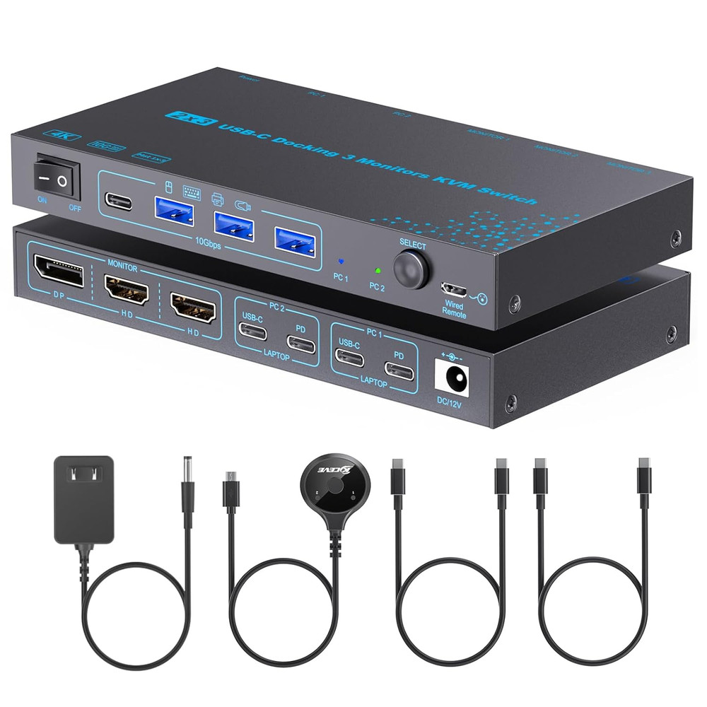 KVM Switch 3 Monitors 2 Laptops 4K@60Hz, USB C KVM Switcher with PD Charging Fun