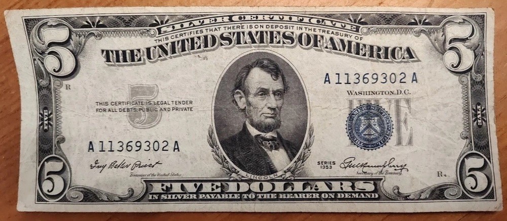 1953 $5 Silver Certificate With 3rd Printing Shift Error  FREE SHIPPING