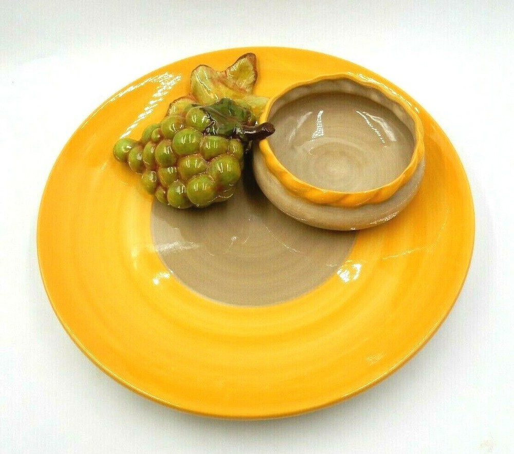 VINTAGE CALI USA 14" PORCELAIN FIXED BOWL AND GRAPE LEAF DESIGN SERVING PLATTER