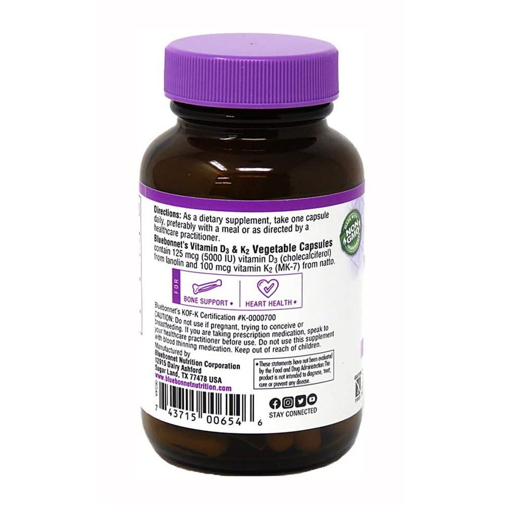 Bluebonnet Vitamin D3 & K2, 60 Vegetable Capsules