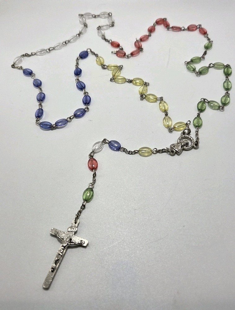 Rosary INRI Flat Rainbow Plastic Beads Catholic Religious  23" Silver Tone
