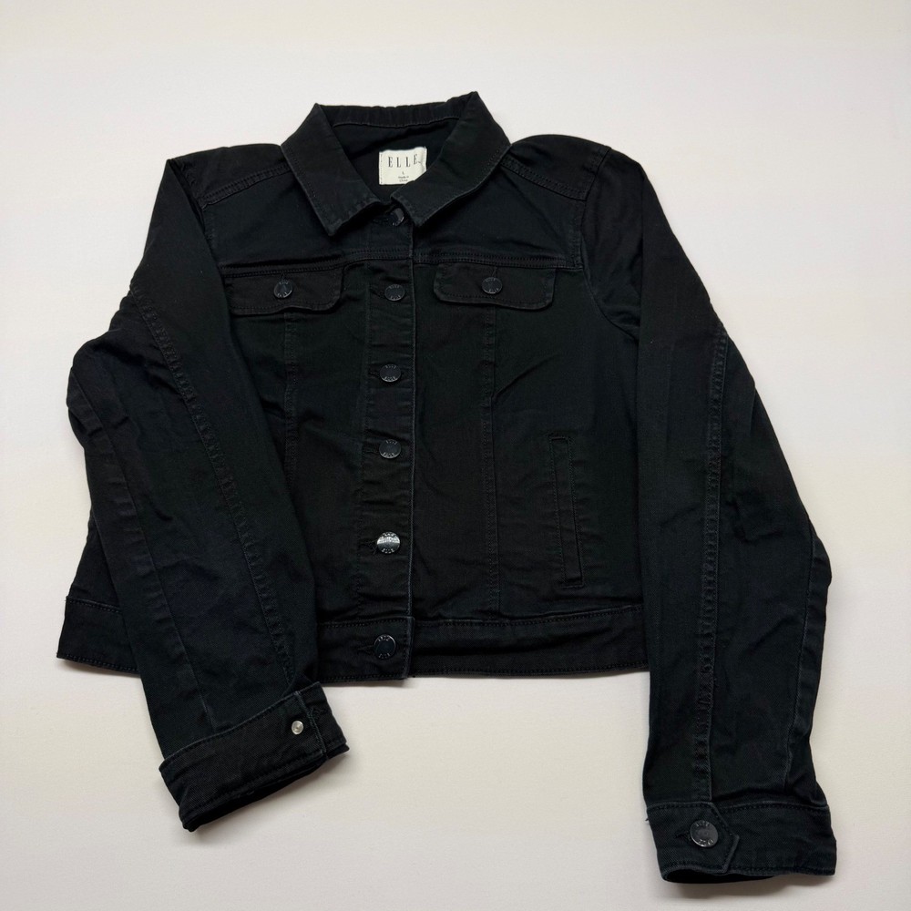 ELLE Black Denim Jacket Classic Trucker Style Size L