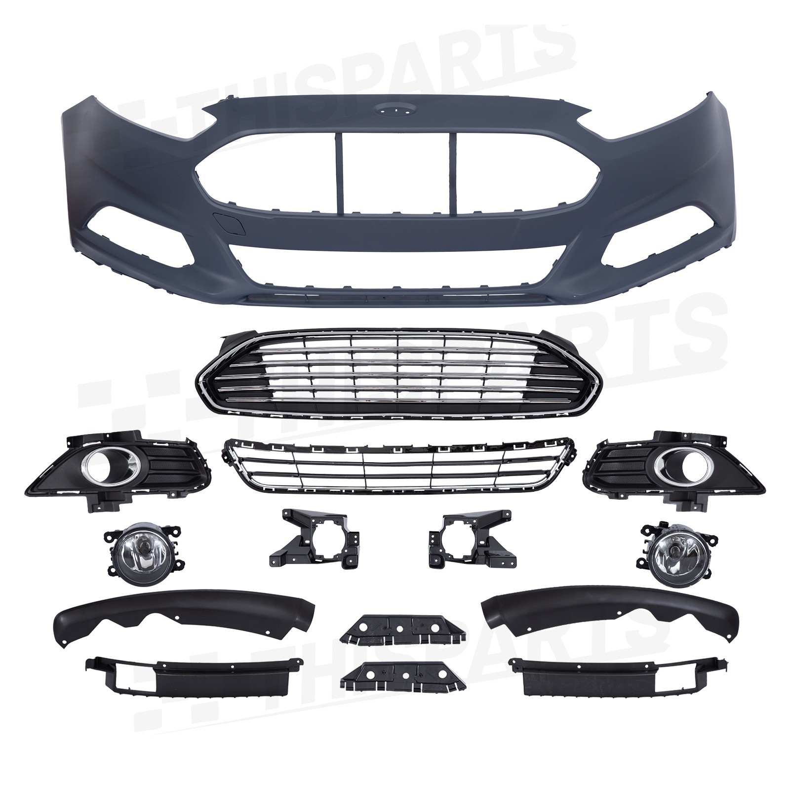 For 2013-2016 Ford Fusion Front Bumper Cover Grille Fog Light w/Chrome Molding