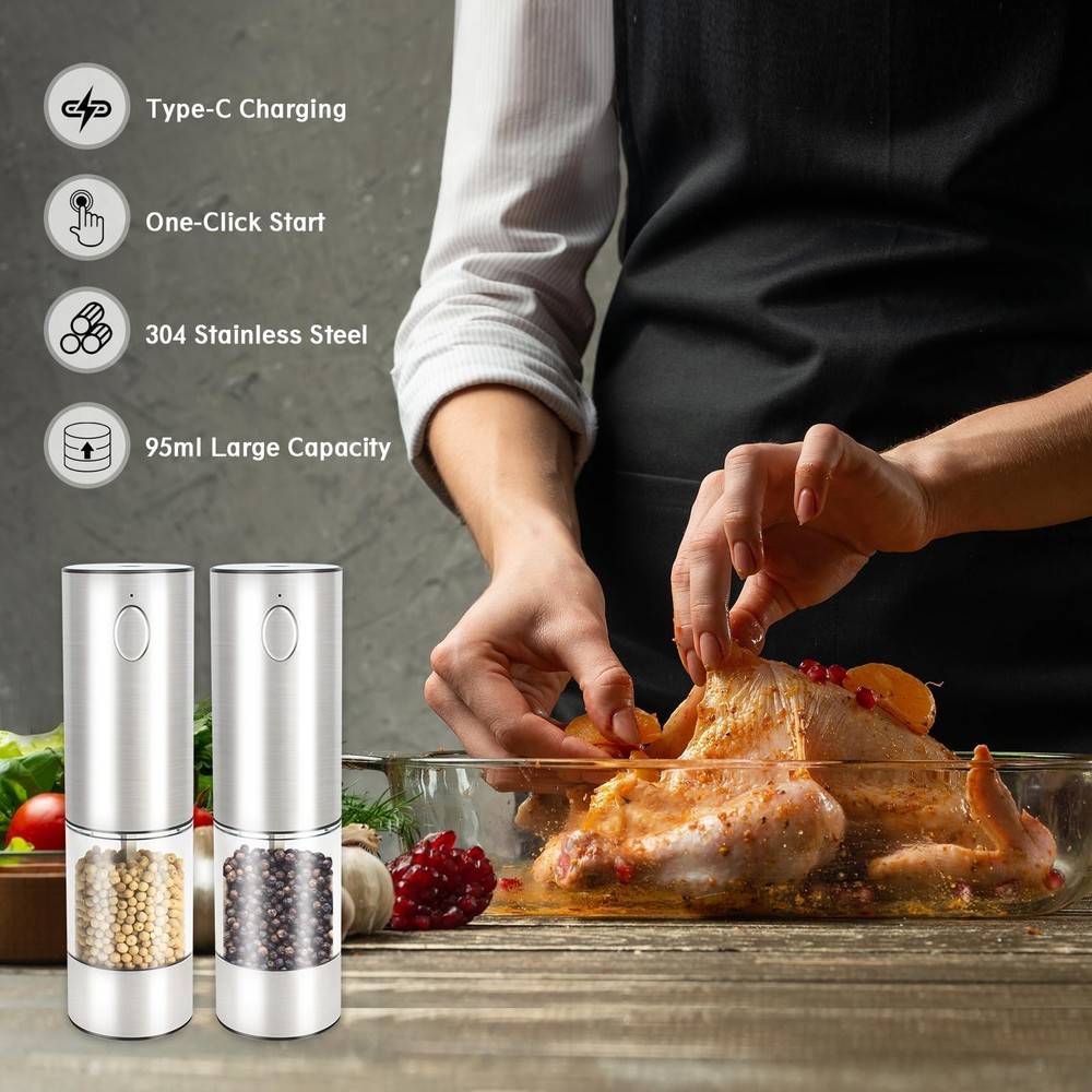 Salt & Pepper Grinder - Automatic Spice Mill Set with Adjustable Coarseness -...