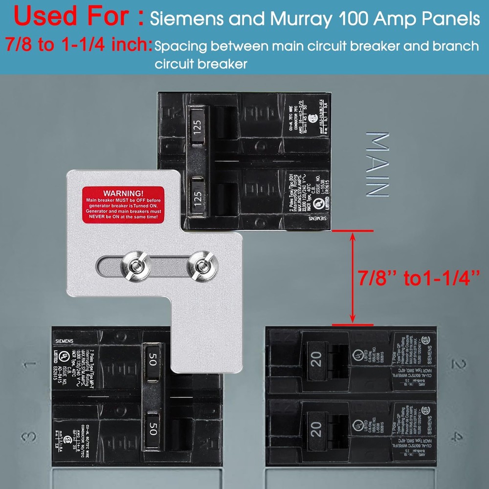 Generator Interlock Kit for Siemens 100 Amp or Murray 100 Panels,...