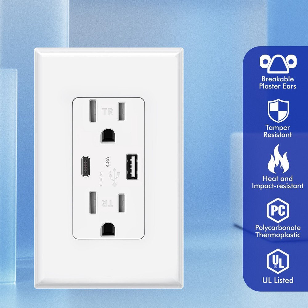 4.8A USB Type C Wall Outlet Duplex Receptacle 15 Amp, Tamper Resistant, 2pack