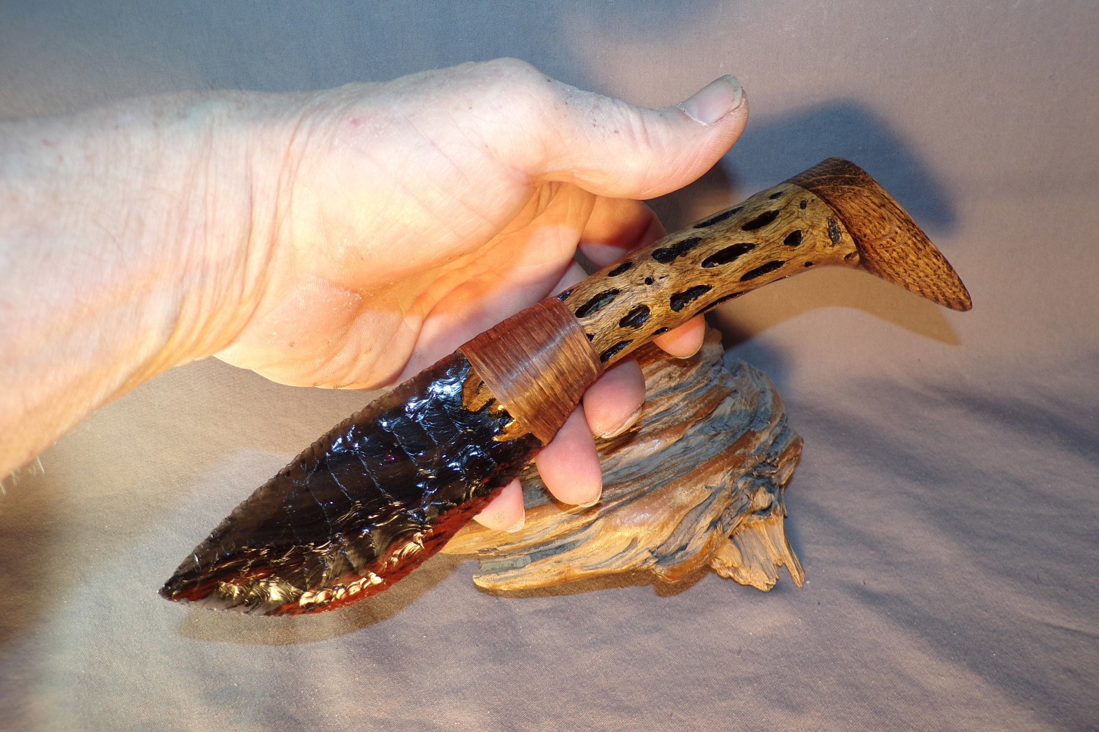 Large Triple Flow Obsidian Drop Point Knife w Cholla Cactus Wood Handle
