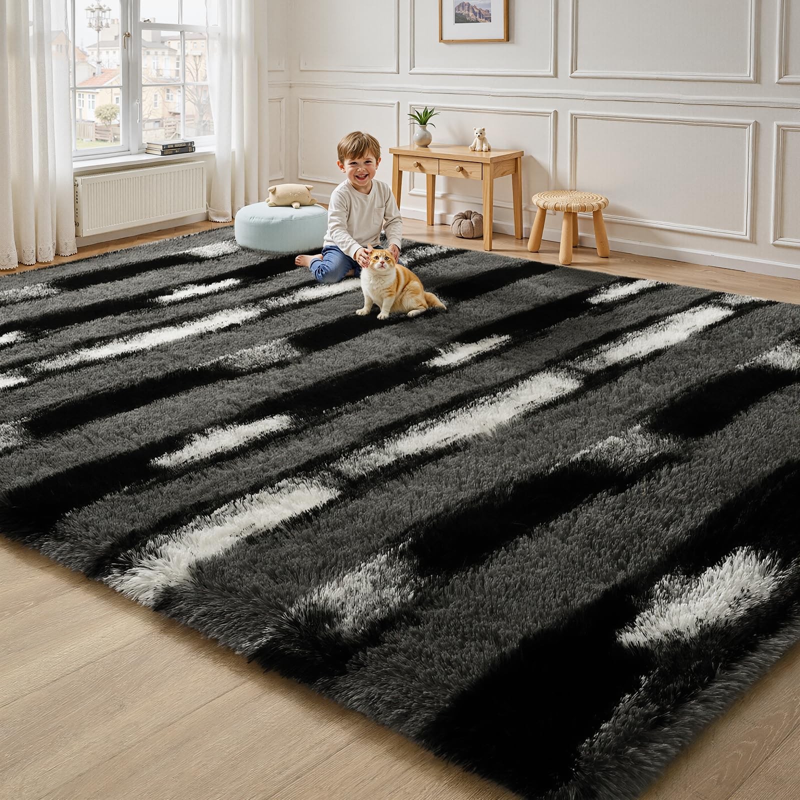 Fluffy Area Rugs for Bedroom Living Room, 4x6 Black and Grey Soft Plush Strip...