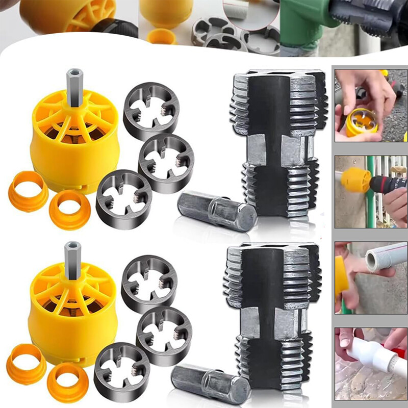 Electric Drill Compatible PVC Pipe Threader Kit with Various Die Sizes