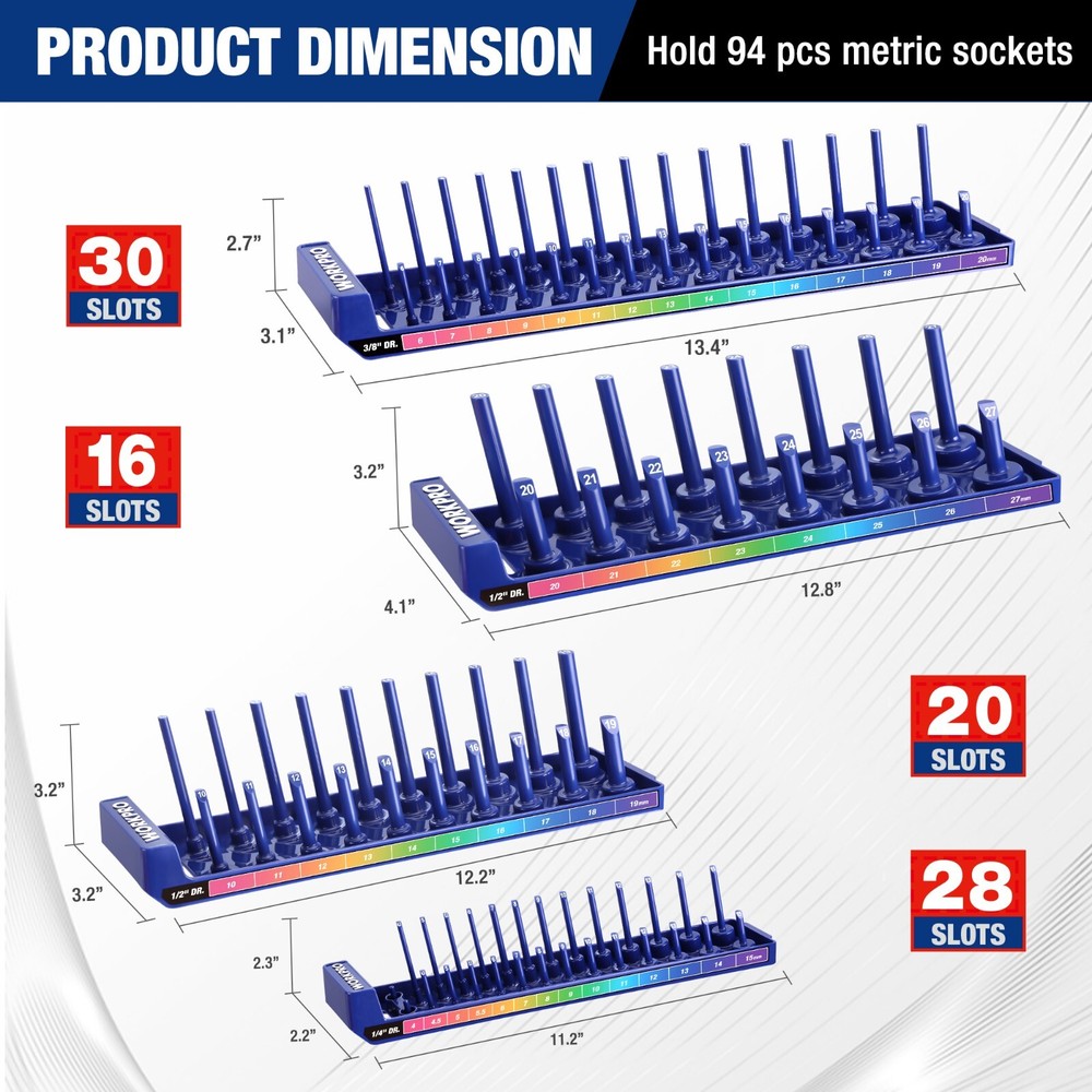 WORKPRO 4PC/8PC Socket Organizer Set Socket Holder Tray 1/4" 3/8" 1/2 SAE/Metric