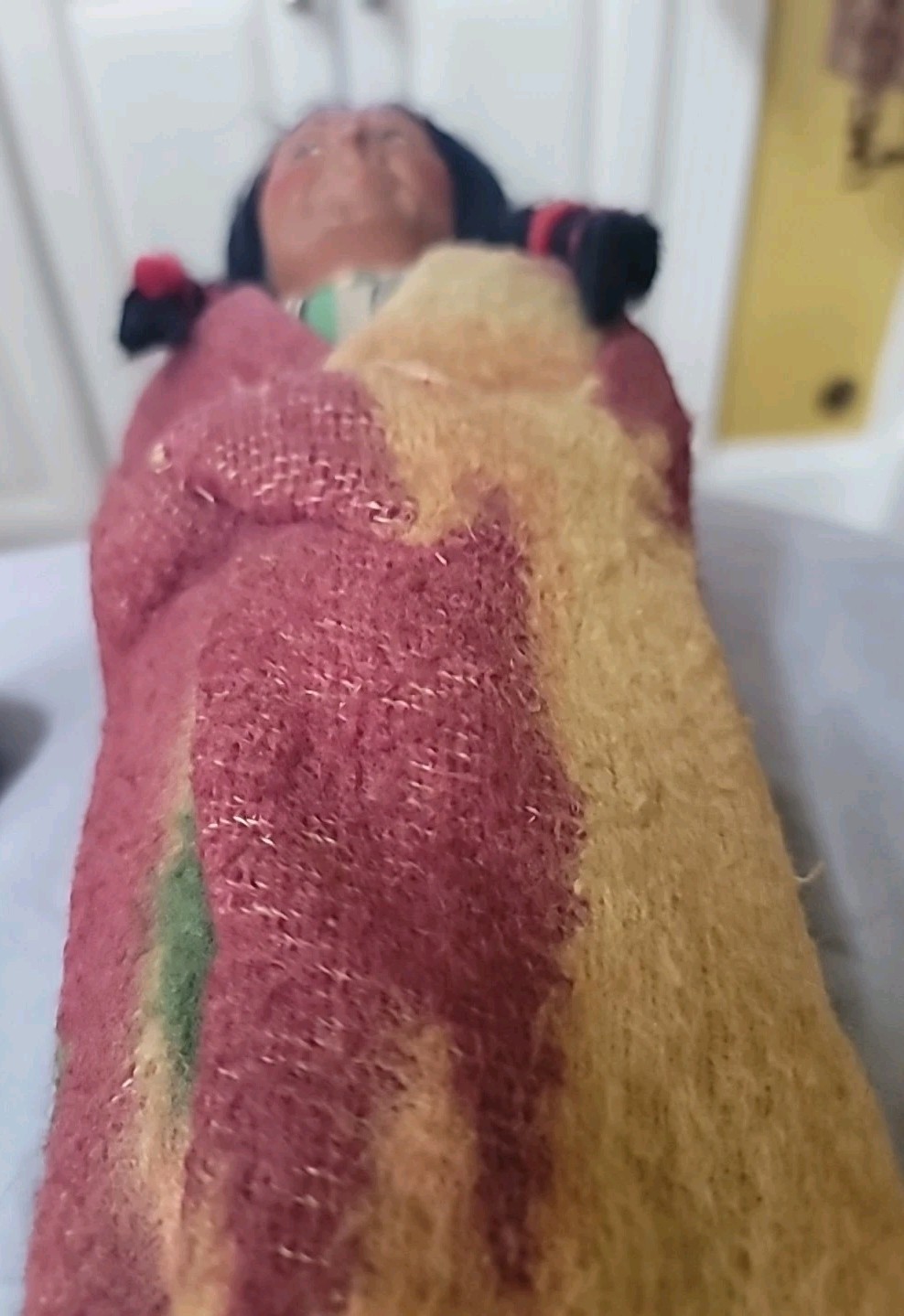 Antique Skookum Doll Early Paint Face Wool Straw Stuffed Mohair Wood Legs 15 1/2