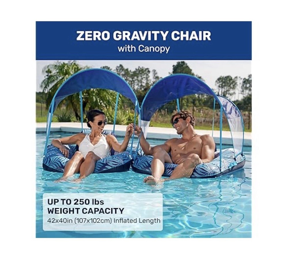 New Aqua Zero Gravity Pool Chair Float with Sunshade Canopy and Cup Holder BLUE