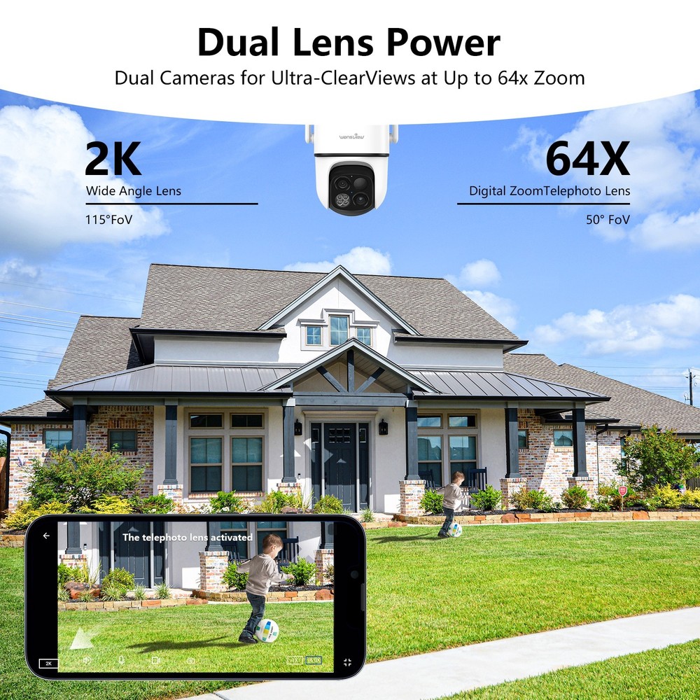 Wansview Solar Wireless Security Camera 360°PTZ 2K 3MP Dual-Cam Human Detection