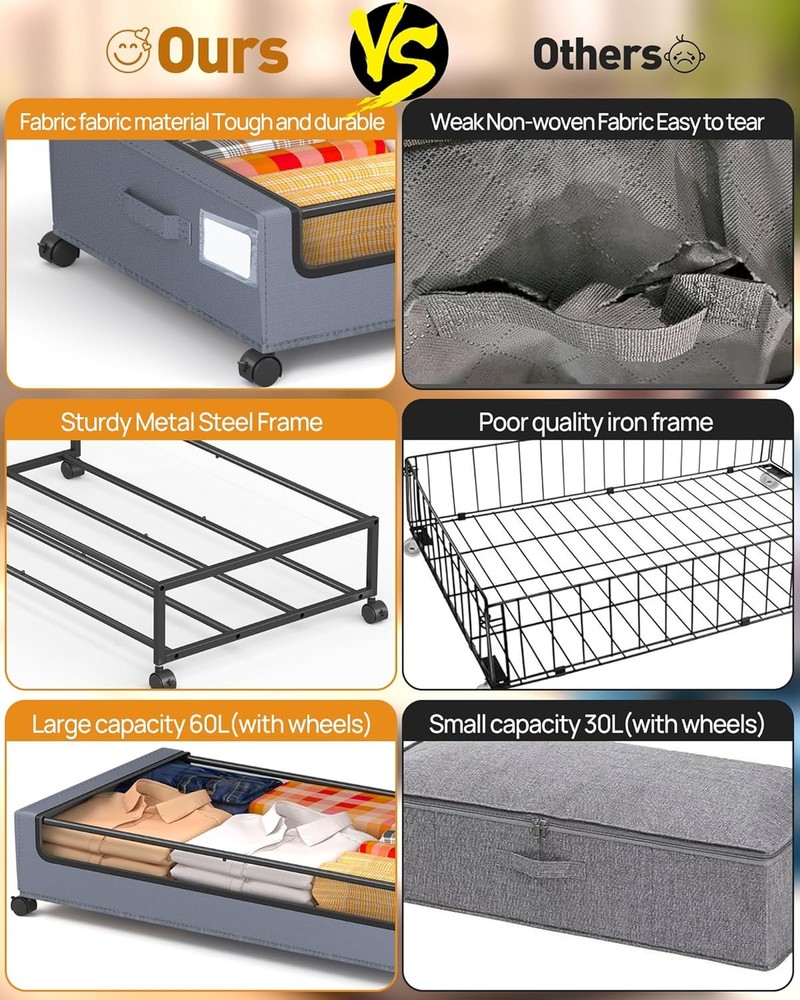 Under Bed Storage W/ Wheels 2 Pack Square Containers 60L Bins Rolling Metal