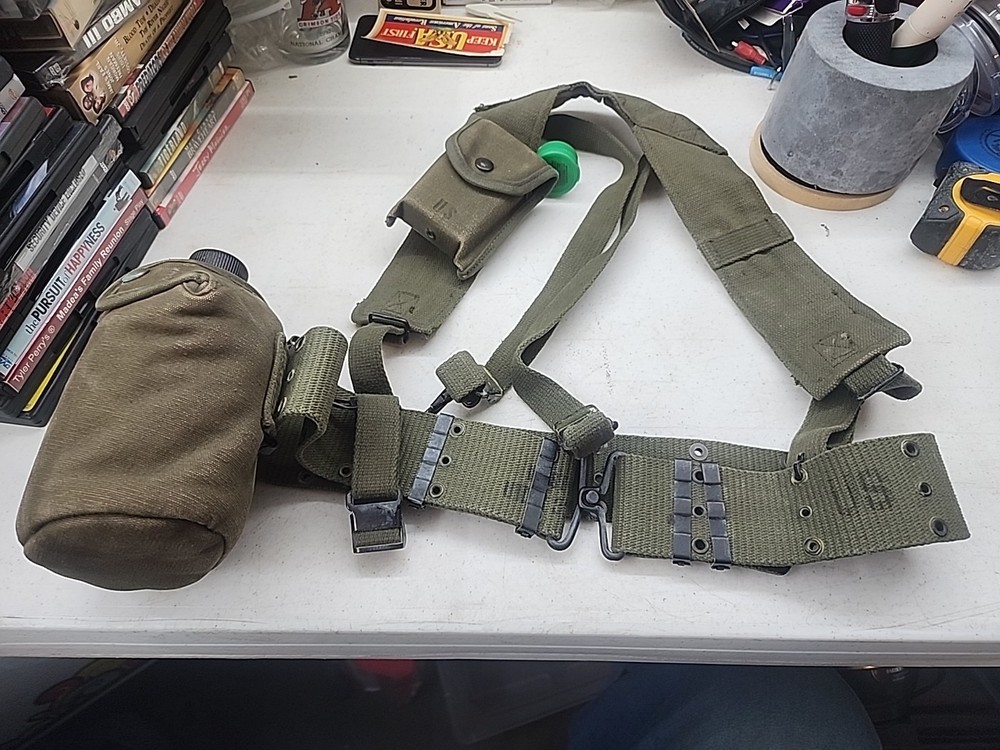 WW2 US Army Canteen & Cup Dated 1945 M1910 Carrier Dated 1960 & Web Belt