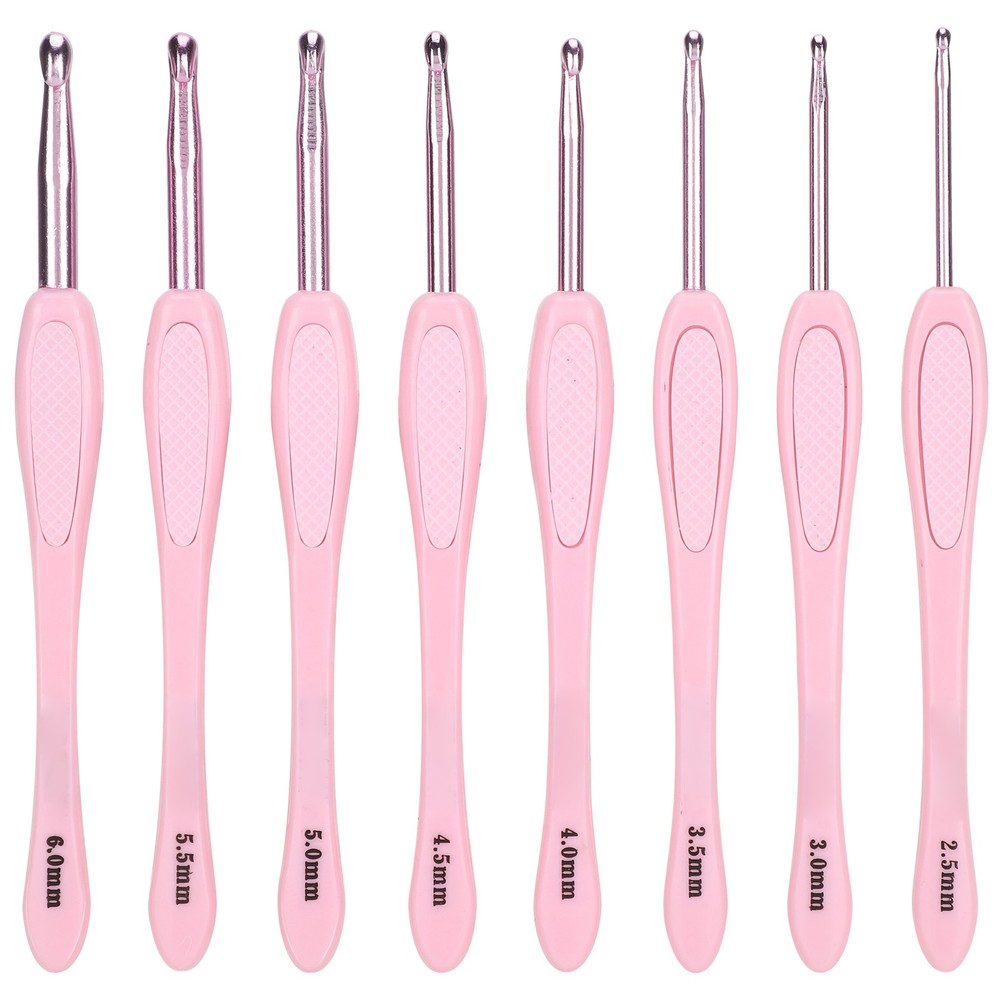 Pink 8Pcs Crochet Hook Thread Knitting Tools ABS Plastic Handle Ergonomic