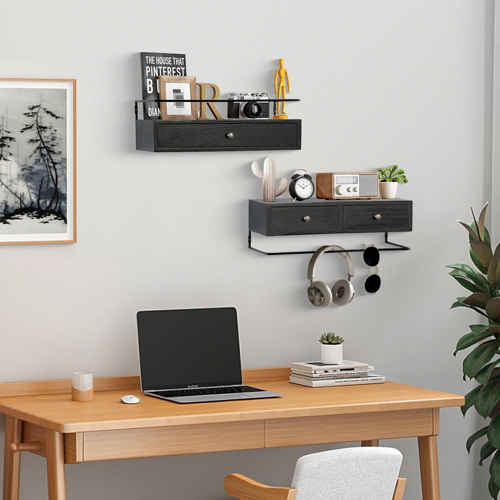 2-Pack Rustic Floating Shelves with Drawer, Black, 15.8 Inch Long, Wall-Mount...