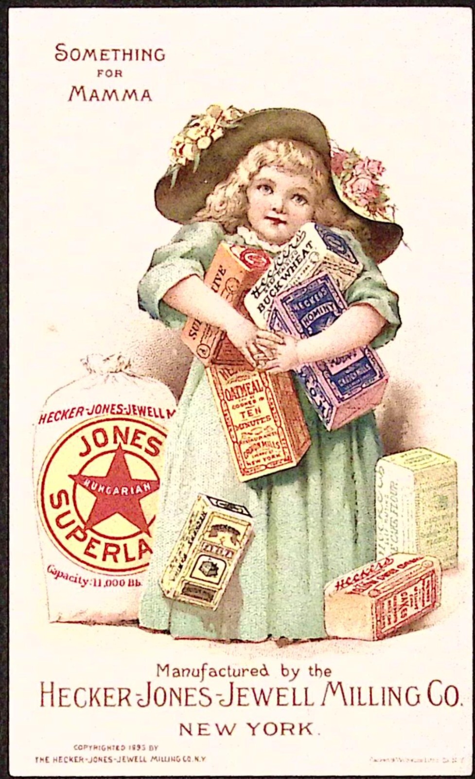 1893 HECKERS' BAKERY GOODS TRADE CARD, "MAUD HUMPHREY" GIRL & 8 PRODUCTS