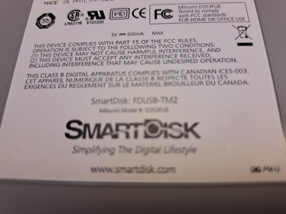 Smart Disk Fd-05PUB USB External 3.5" 1.44 MB Floppy Disk Drive - TESTED