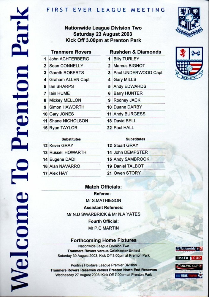 Team Sheet - Tranmere Rovers v Rushden & Diamonds 23.8.2003