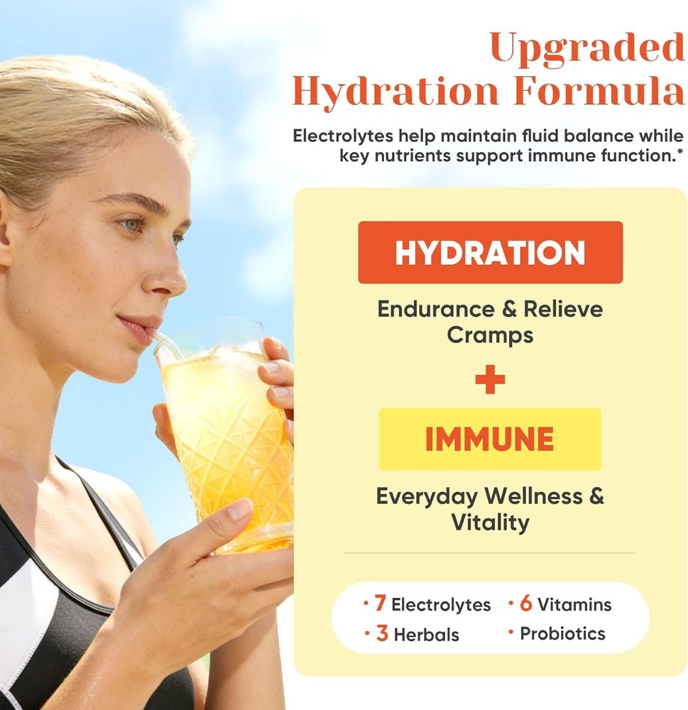 2-In-1 Hydration + Immune Electrolytes Powder Packets with 7 Electrolytes & 6 Vi