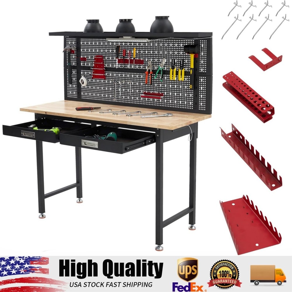 Heavy Duty Workbench 60"L x 24"W with Pegboard Worktable w/ Power Outlets