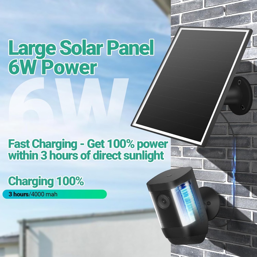 Solar Panel for Ring Camera, 6W Solar Charger with USB-C & Barrel Plug for Ri...