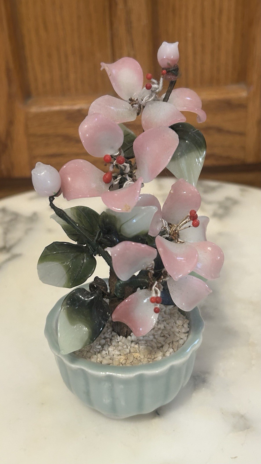 VTG Chinese Jade Glass Leaves Pink Cherry Flowers Bonsai Tree Green Celadon Pot