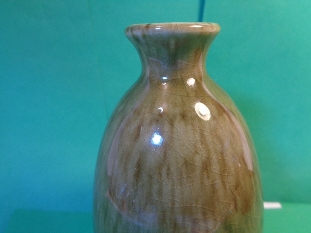 Pottery 5 1/2" Bud Vase, Green Glaze Pattern, Signed (Used/EUC)