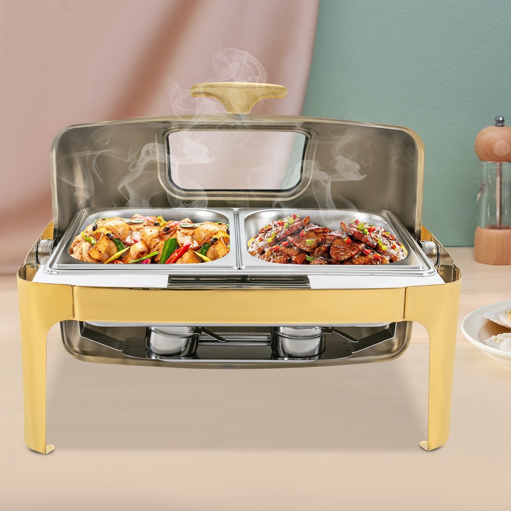 Roll Top Chafing Dishe Chafing Dish with 2 Food Pans & Visible Lid Rectangular