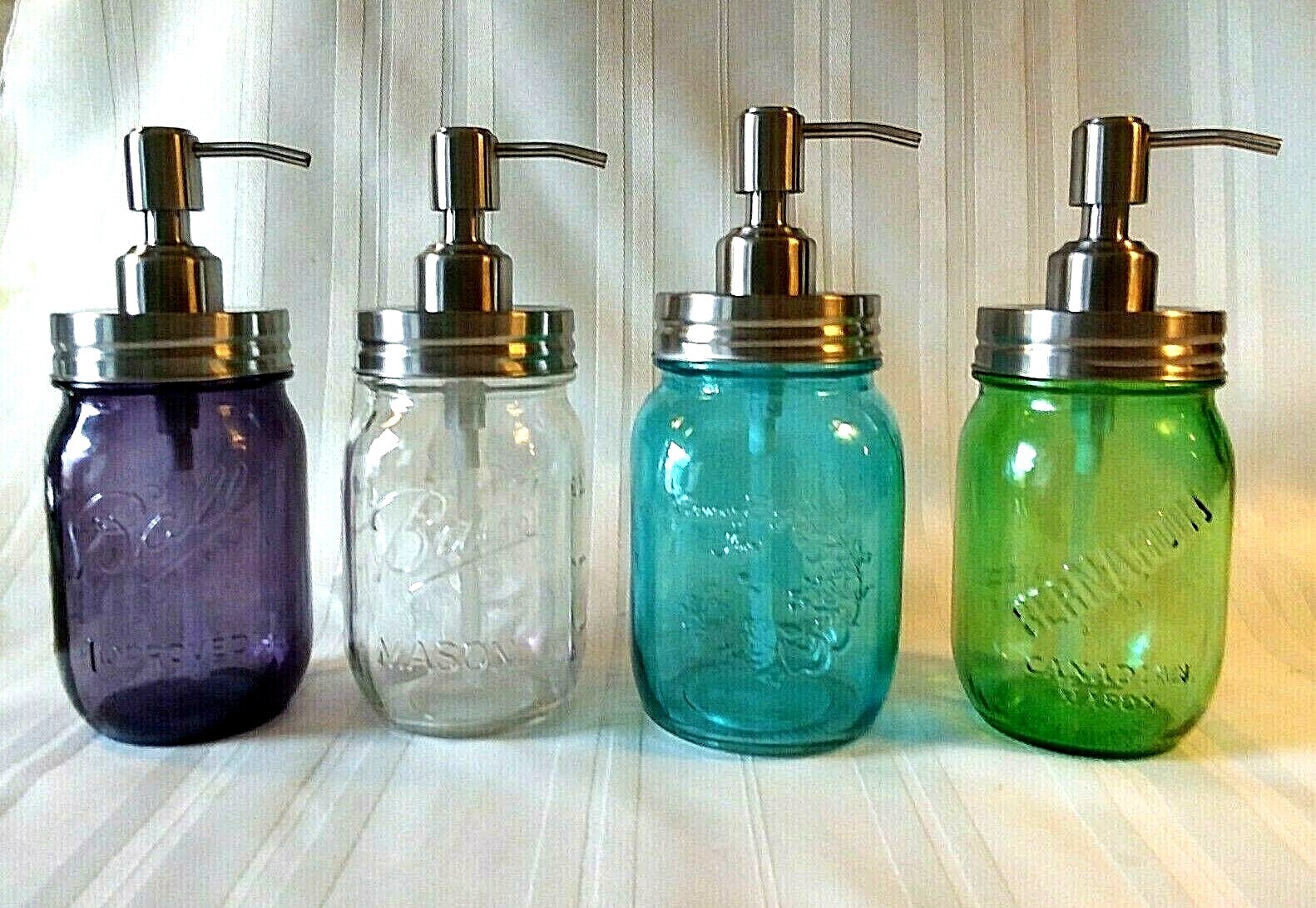 Ball Mason Jar SOAP Pump DISPENSER ~ STAINLESS ~ PINK PURPLE BLUE GREEN GLASS