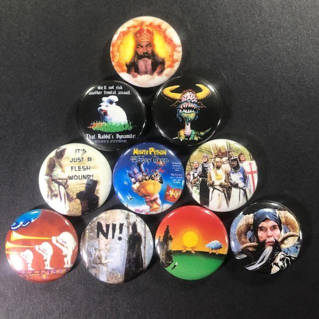 Monty Python and the Holy Grain 1" Button Pin set Comedy John Cleese Satire