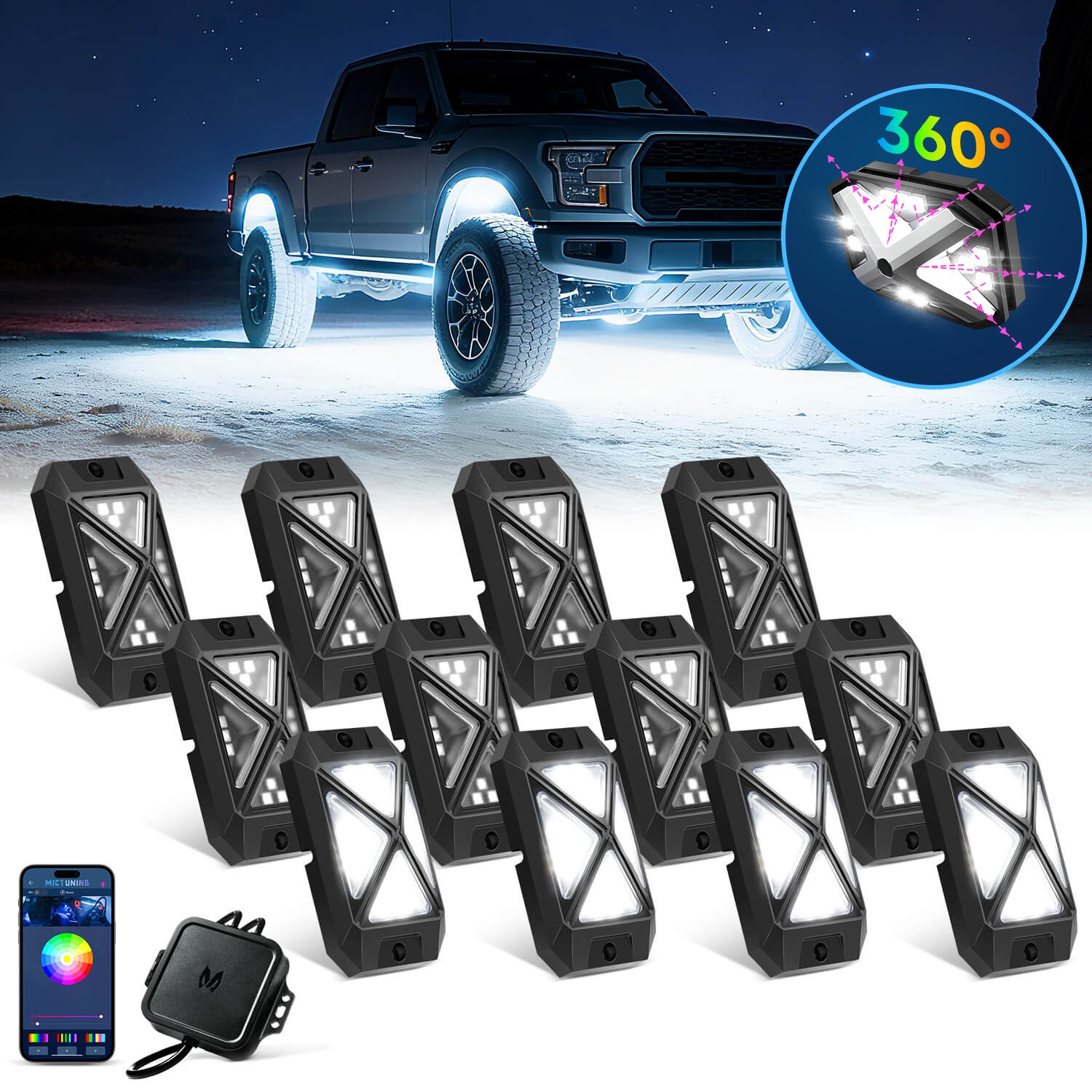 MICTUNING C4 RGBW LED Rock Light,12-Pods Car Underglow Neon Accent Light LED Kit