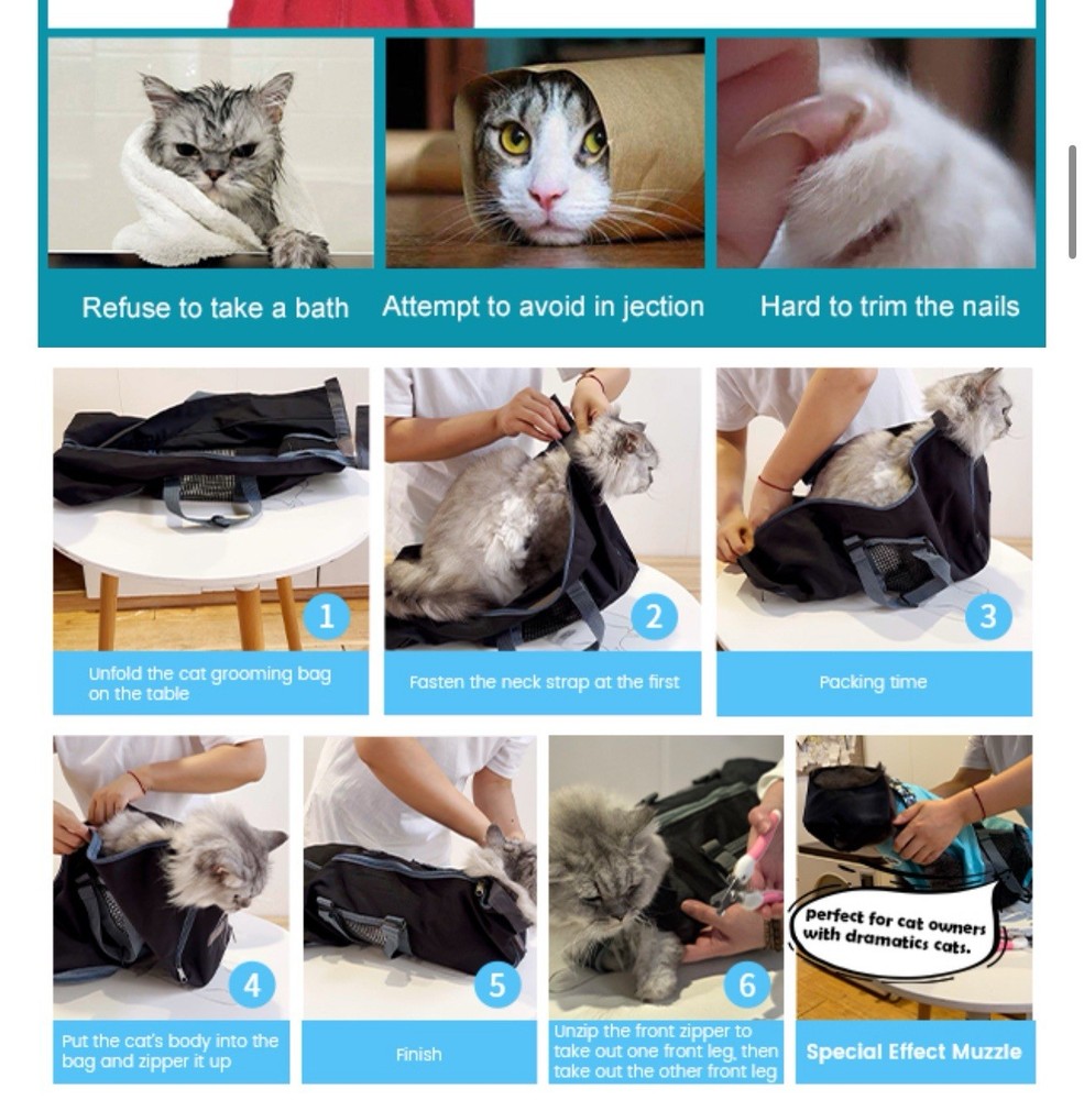 Durable Cat Grooming Bag & Muzzle* NO Scratching-Biting*Black Medium*